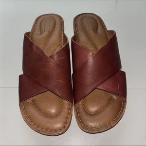 Leather Born Lola Cross-Strap Leather Slide Wedge Sandals Maroon Brown Cork